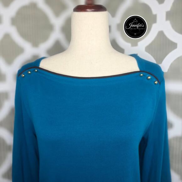 Rafaella Teal and Black Gold Button Detail 3/4 Sleeve Knit Top Size PM - Picture 3 of 10